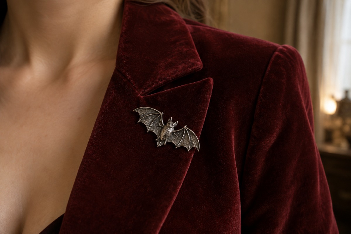 Silver-gray bat brooch pinned to the lapel of a burgundy velvet jacket