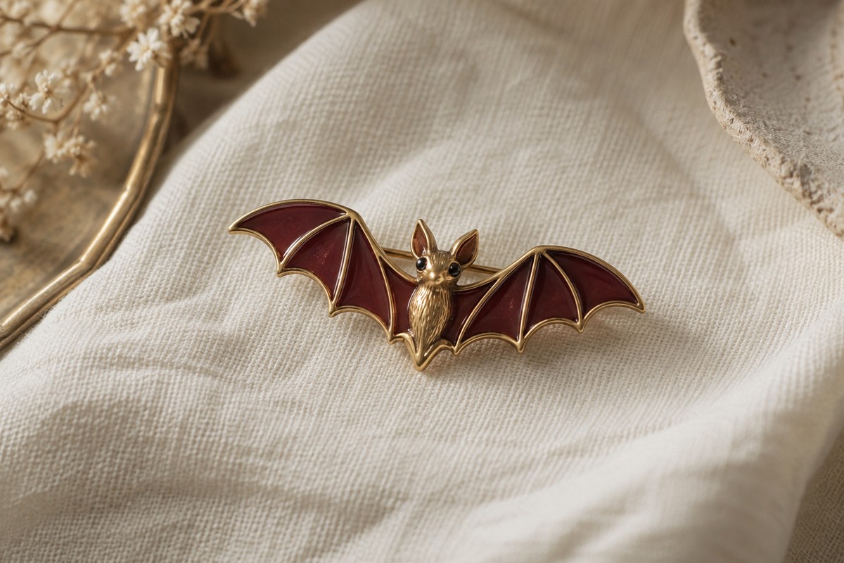 Bat brooch with muted red wing panels and fine gold-colored outlines on ivory fabric