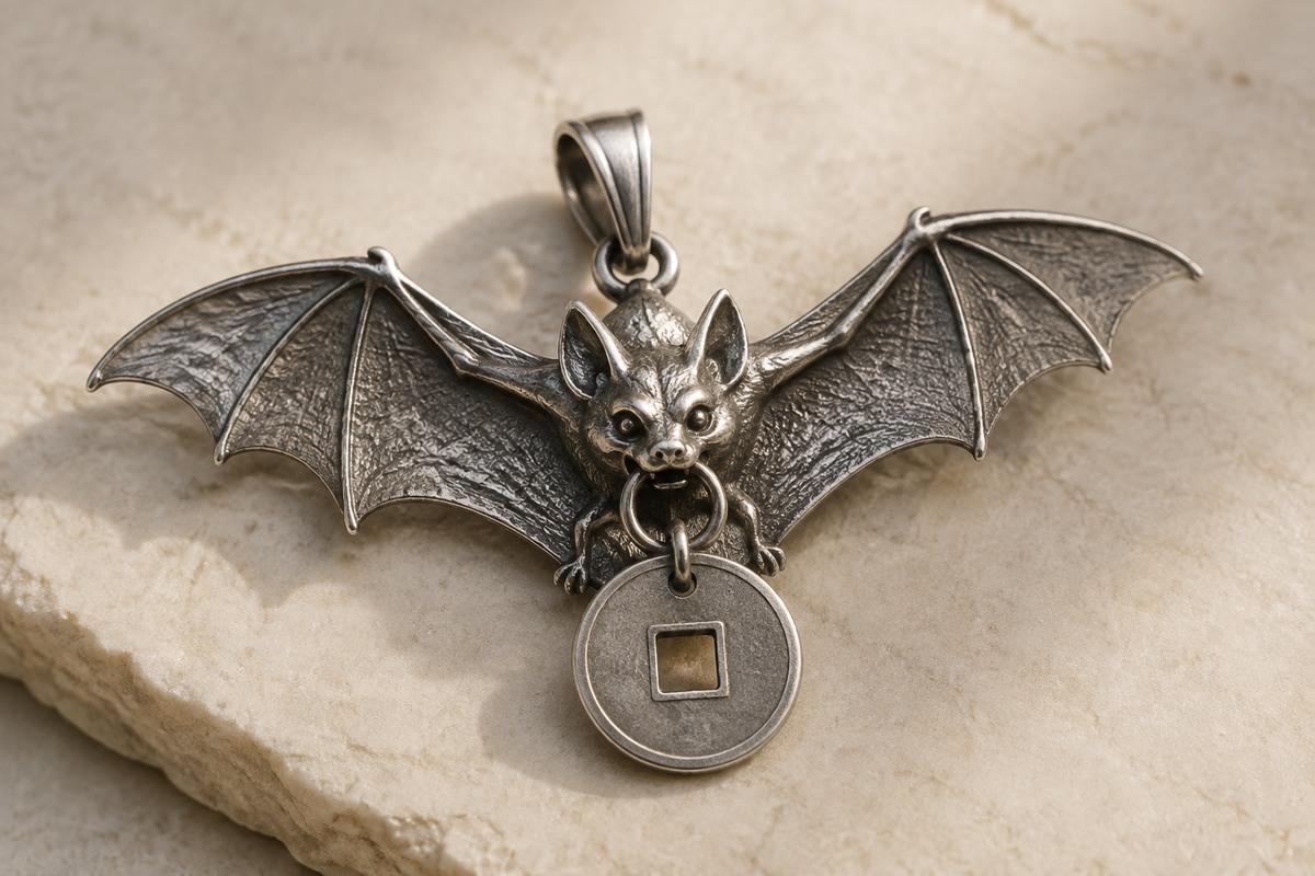 Metal pendant with one spread-wing bat holding a small square-holed coin at its mouth.