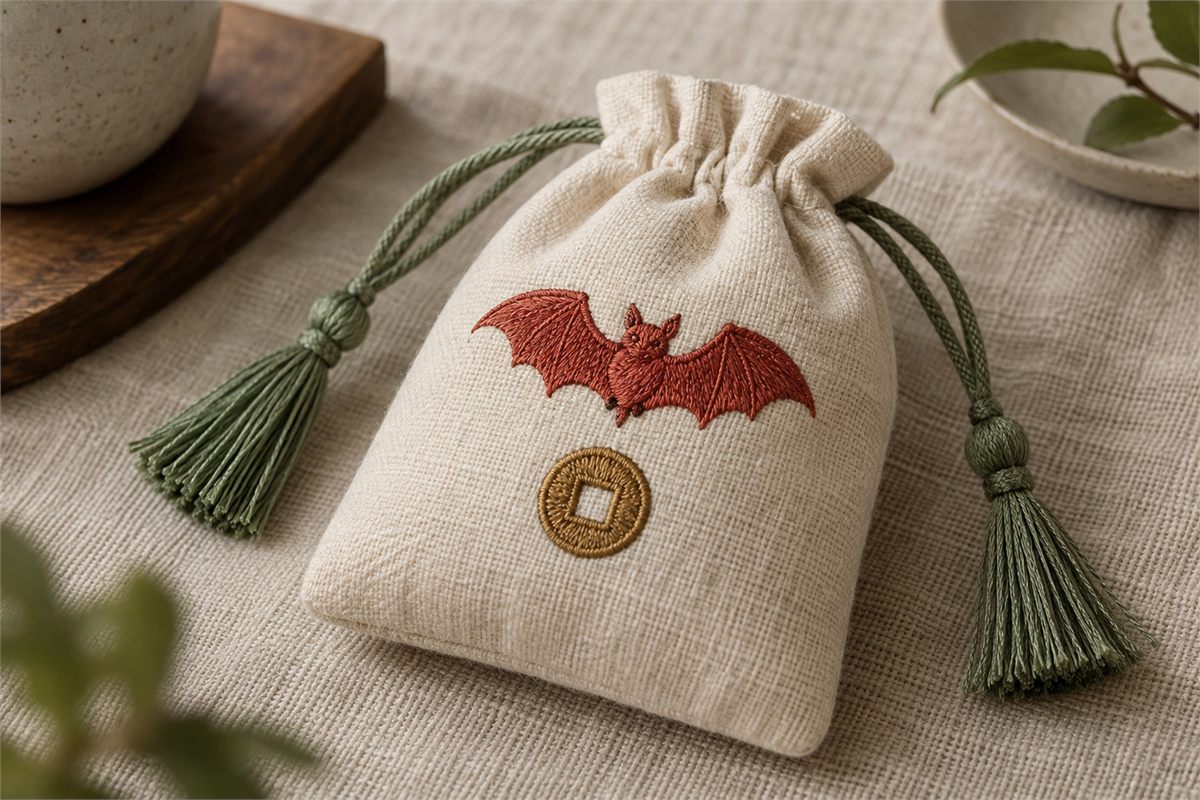 A red bat and a round coin with a square opening embroidered on an ivory sachet.