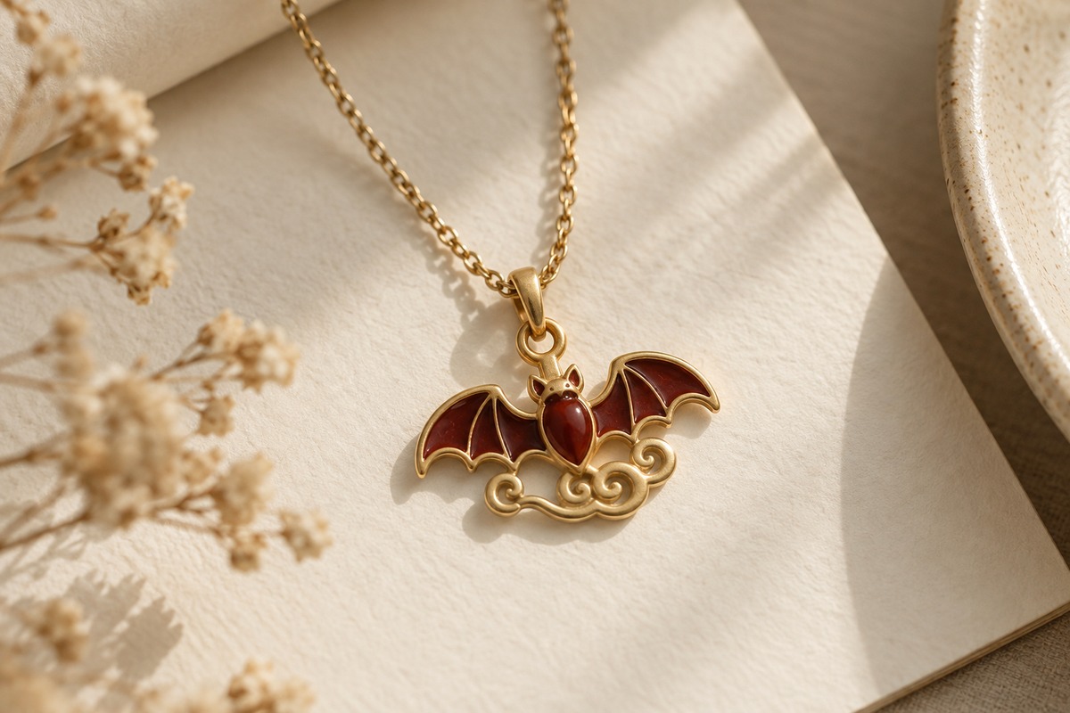 Gold-colored bat pendant with deep red wing panels and curled cloud-like ornament