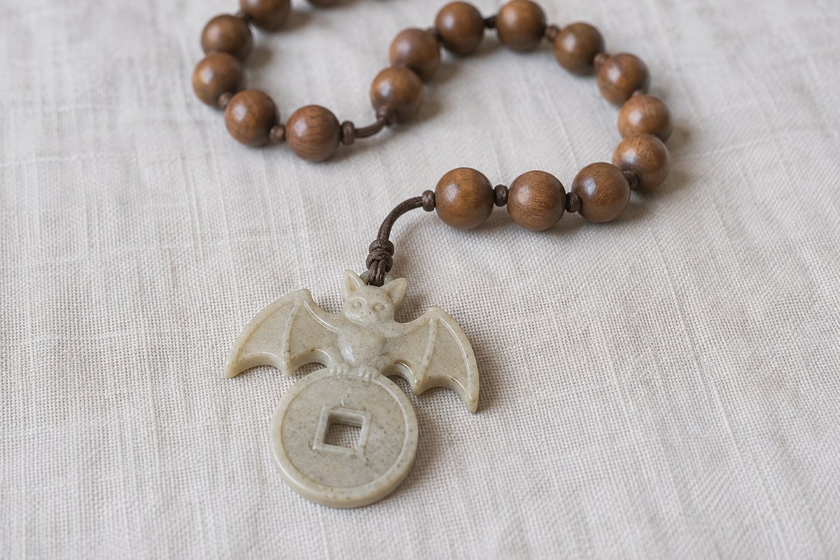 Bat-and-coin accent suspended from a simple wooden bead strand.