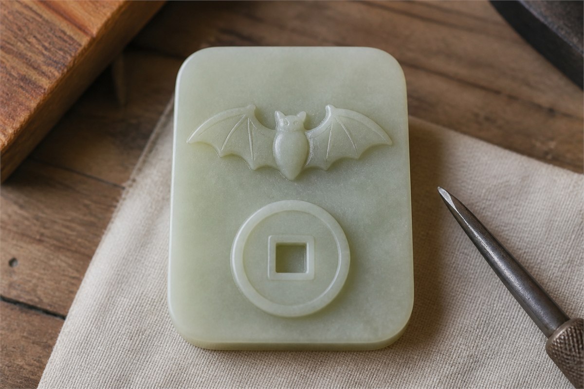 A pale jade plaque is carved with one bat above one round coin with a square hole.