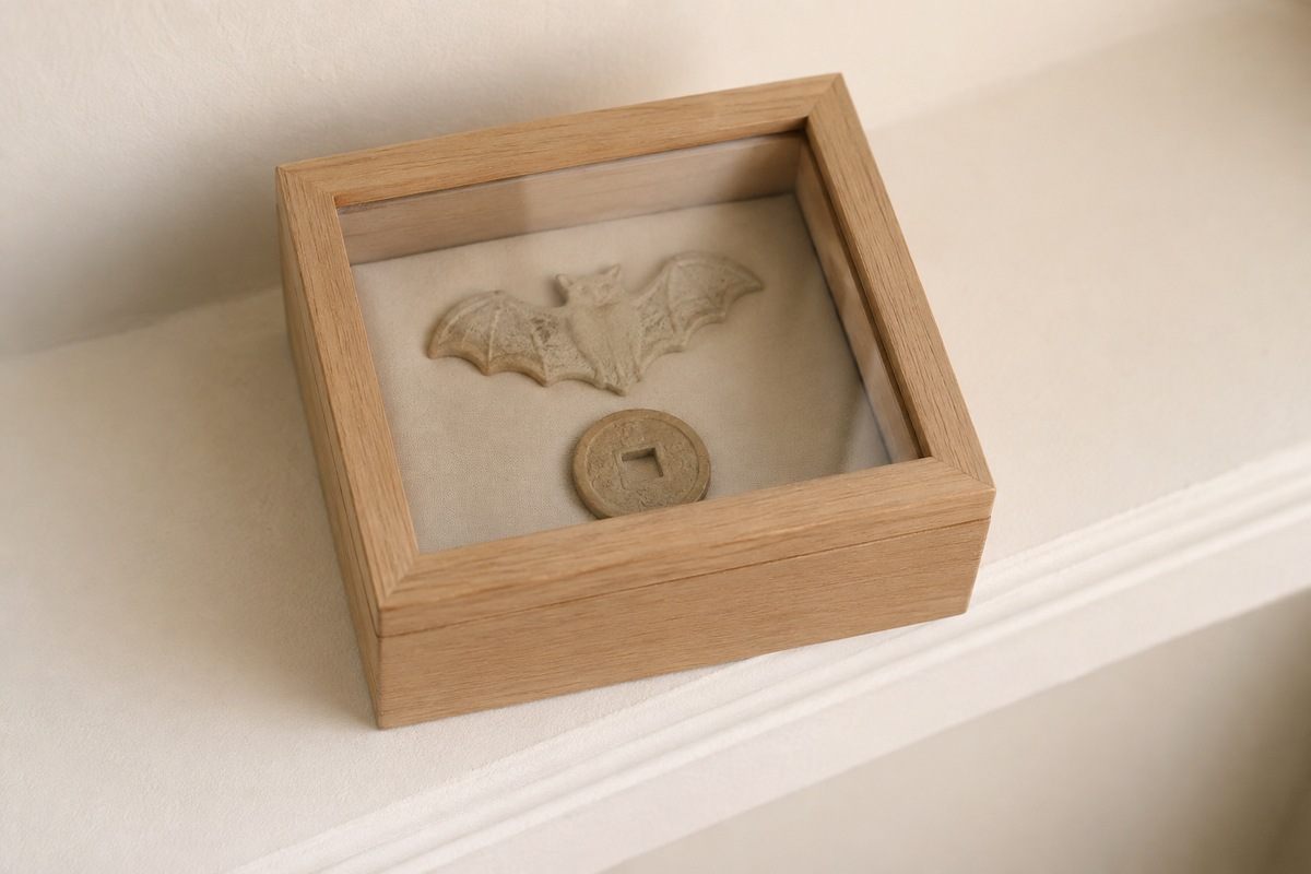 Bat and square-holed coin keepsakes in a closed glass-topped wooden box on a shelf.