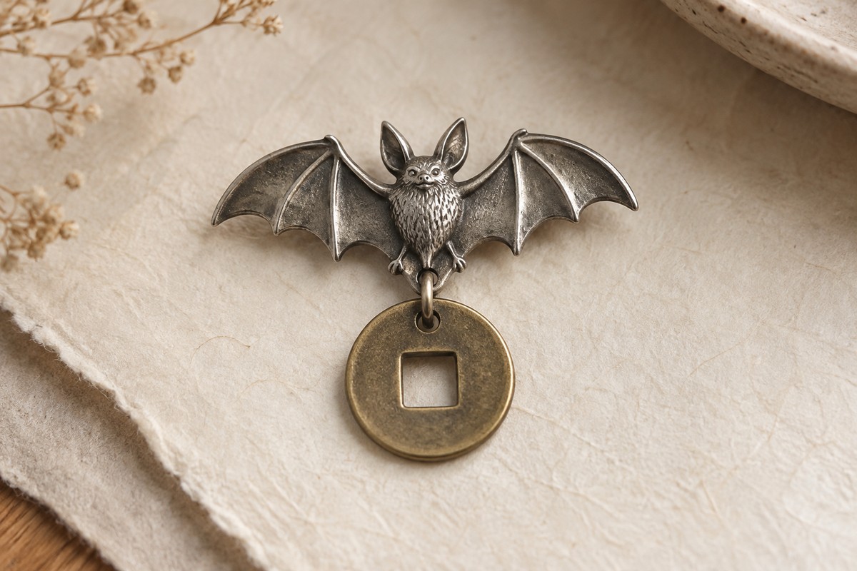 Silver-gray bat ornament linked to a brass-colored round coin with a square opening