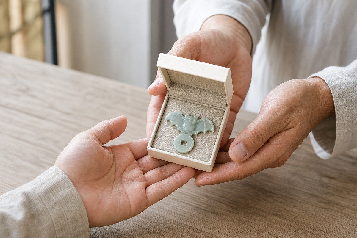 Adult hands exchanging a small gift box containing a bat-and-coin pendant.