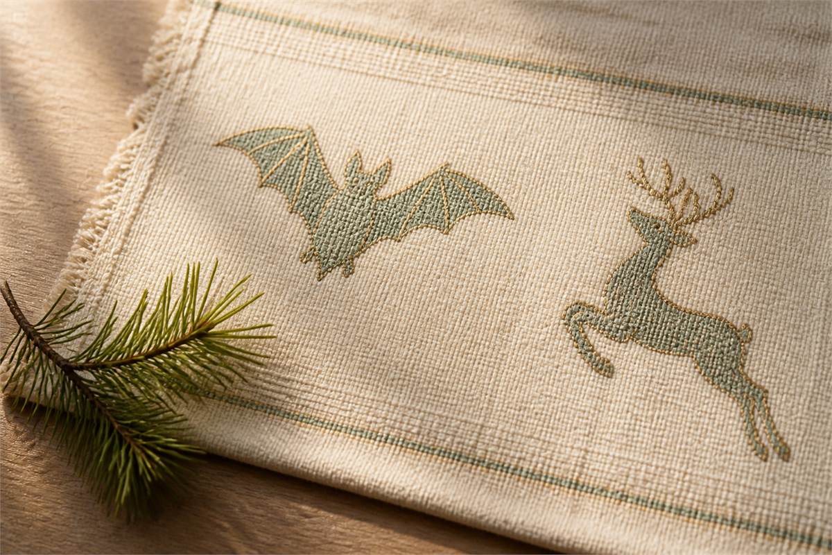 A woven textile with separate bat and deer motifs beside a pine sprig