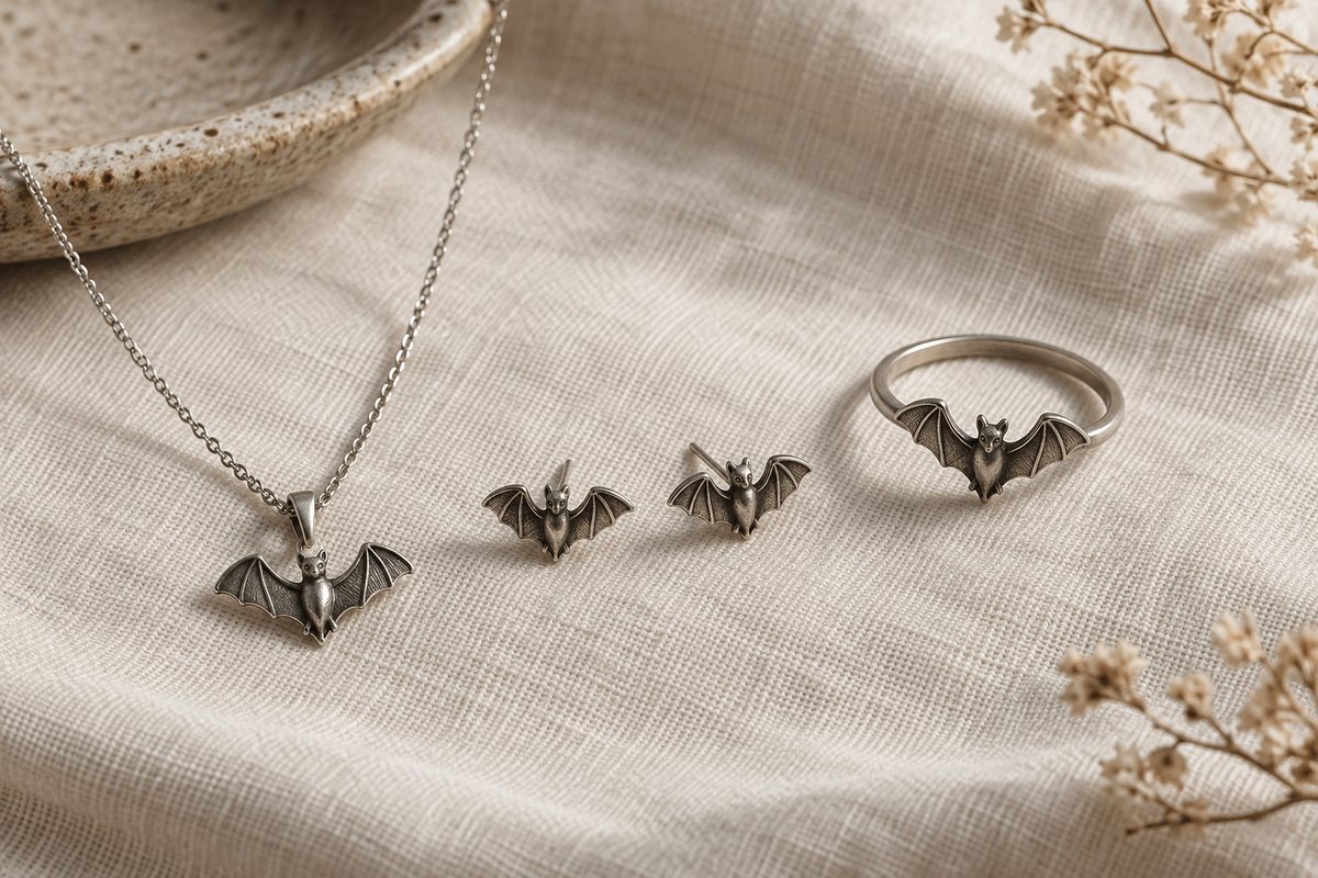Silver-gray bat necklace, two stud earrings, and a bat ring arranged on ivory linen