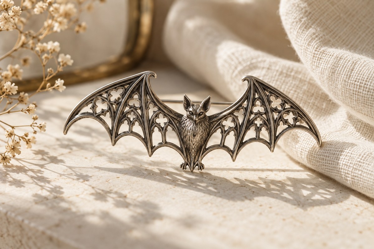 Silver-gray bat brooch with pointed arches and open tracery across its wings