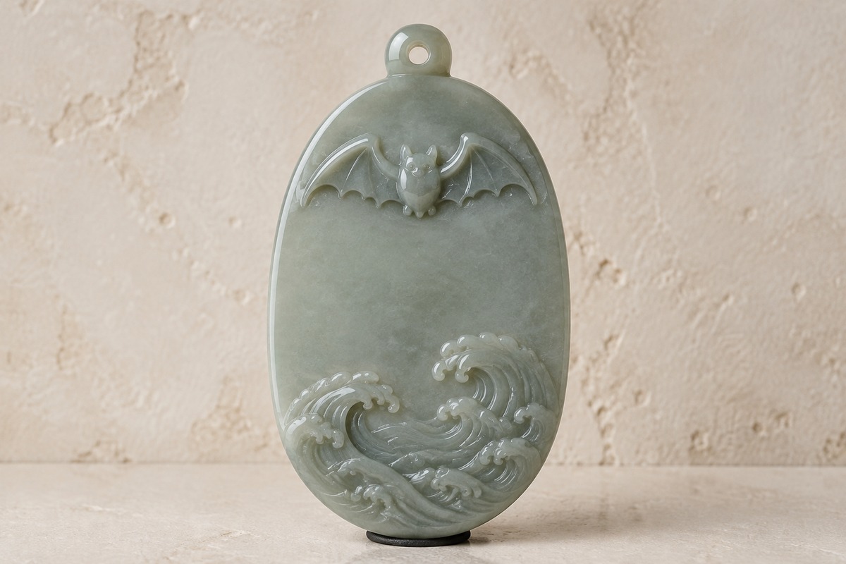 Grey-green jade plaque with one bat above carved rolling sea waves.
