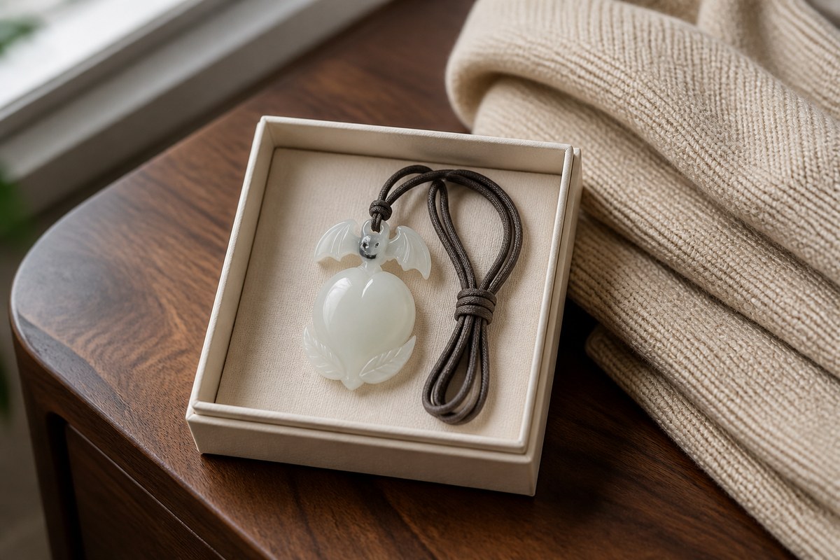 Bat-and-peach jade pendant in an open cream gift box beside a folded knit garment.