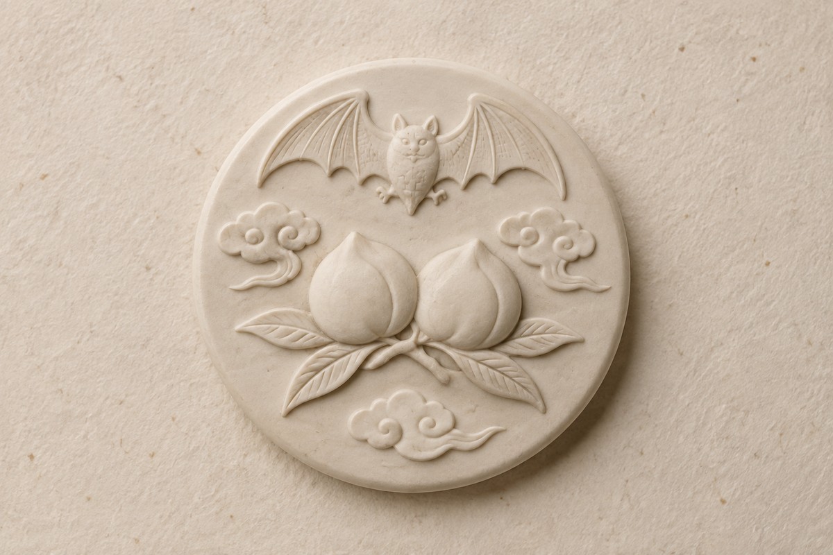 One bat and two peaches surrounded by clouds on a round ceramic ornament.