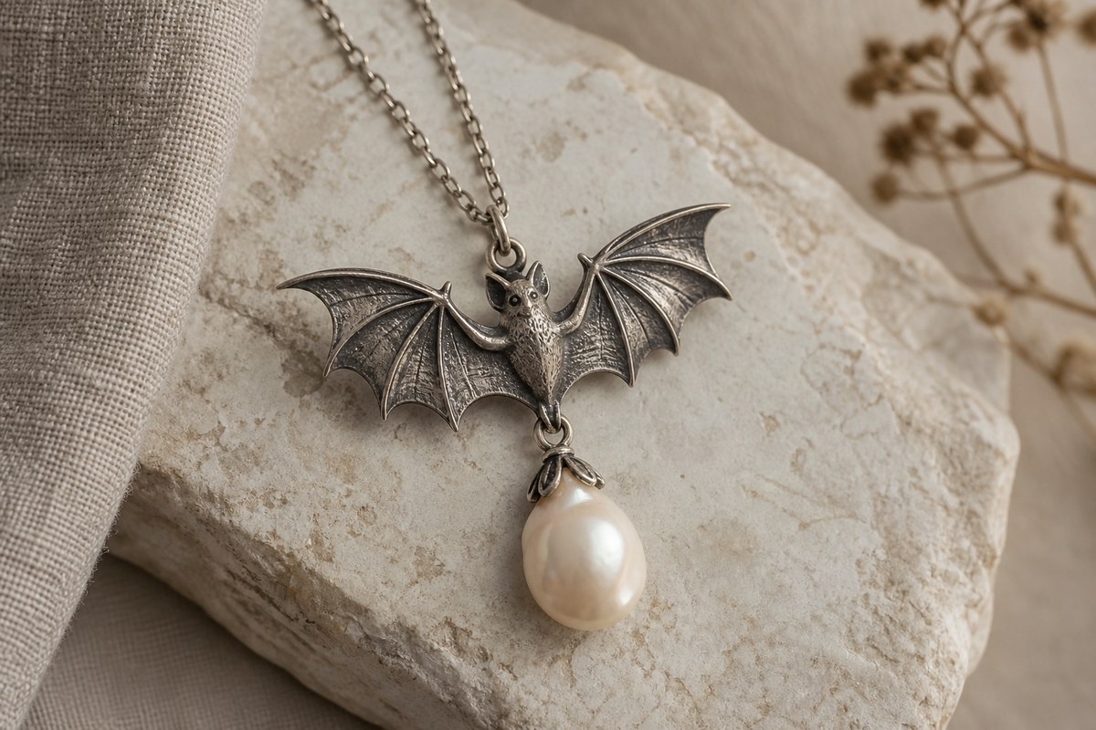 Silver-gray bat pendant with a softly lustrous irregular ivory drop on pale stone