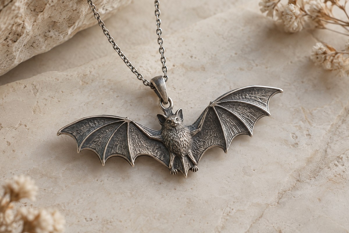 Silver-gray bat pendant with raised wing ribs and scalloped edges on pale stone