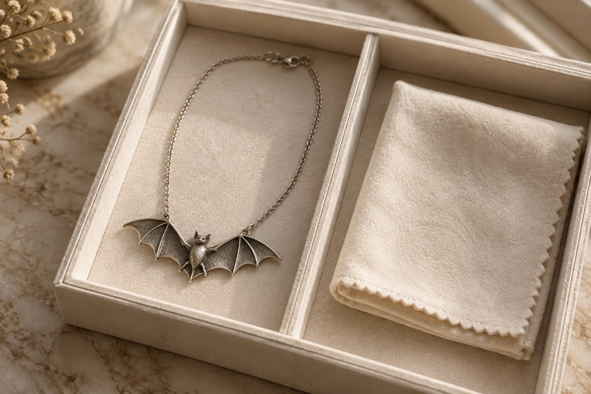 Bat necklace resting in a fabric-lined compartment beside a folded cream cloth