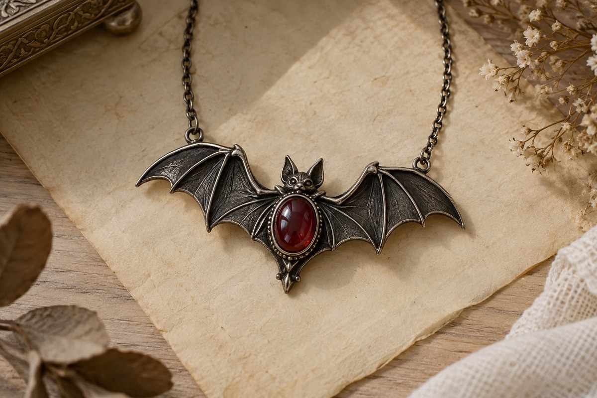 Dark silver-colored bat pendant with an oval red center on textured cream paper