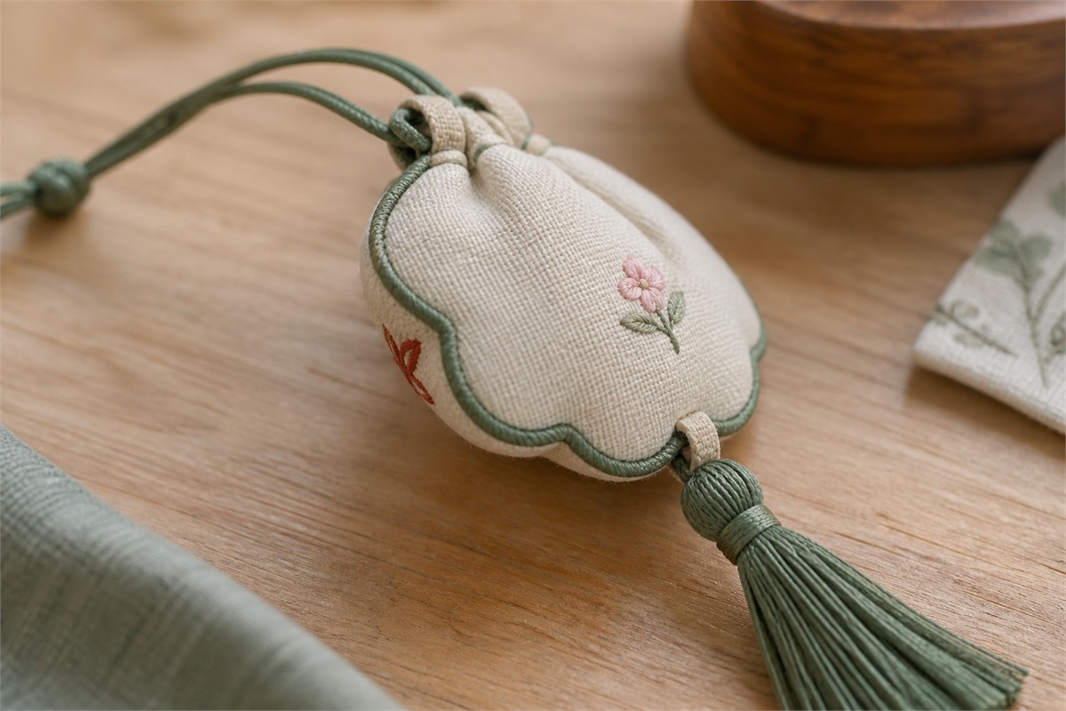 Bound edge, stitched cord loops and a short tassel on a floral-backed fabric sachet.