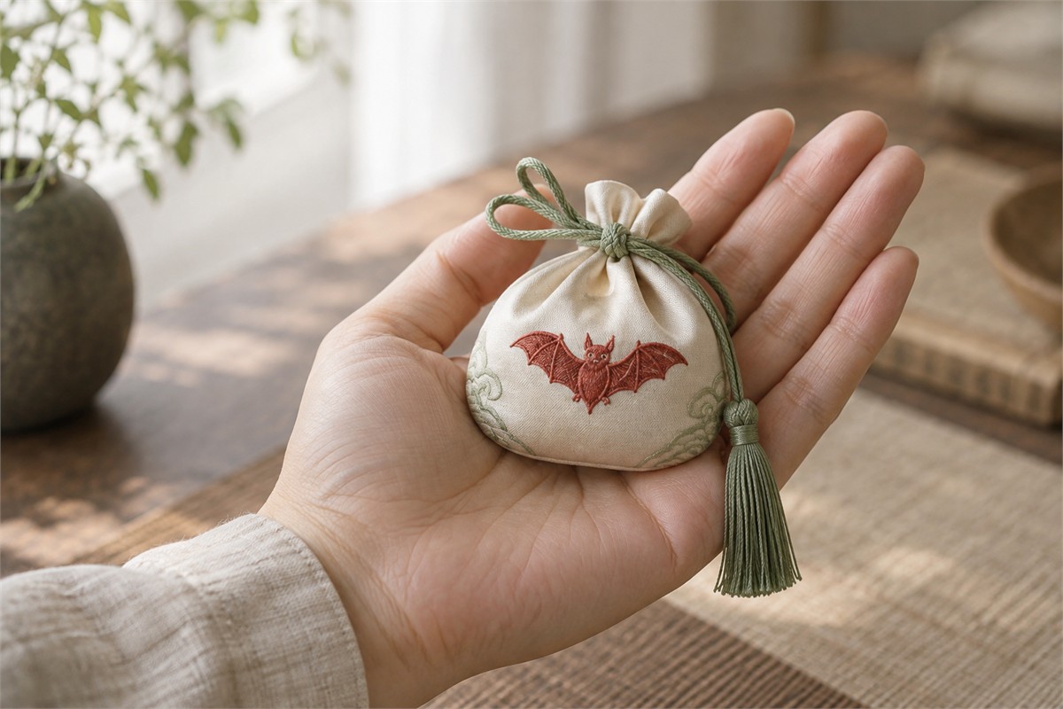 An adult hand gently supporting an ivory bat sachet with a green cord.
