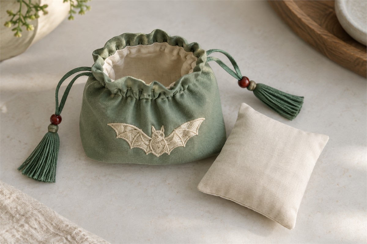 Open green bat sachet beside a small fully sewn cotton insert.