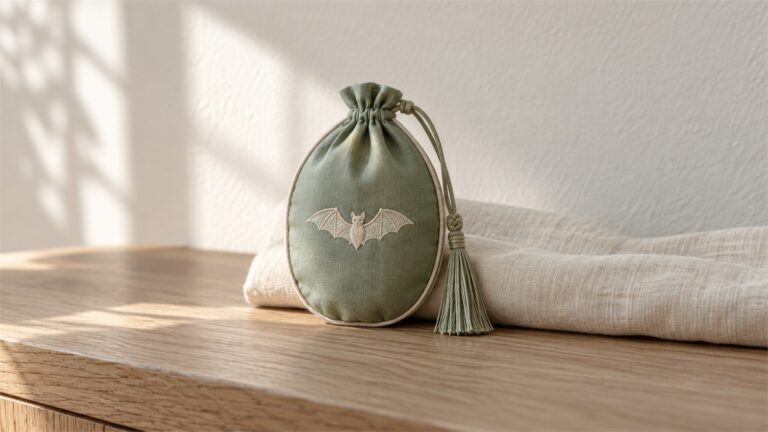 Sage fabric bat sachet with cream embroidery and a tassel against folded ivory linen.