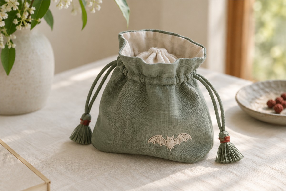 Open sage fabric sachet showing its cream lining, cord channel and contained cotton insert.