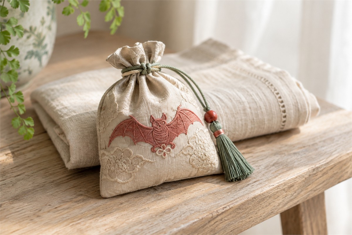 Oatmeal fabric sachet with one red embroidered bat, a tied cord and a green tassel.