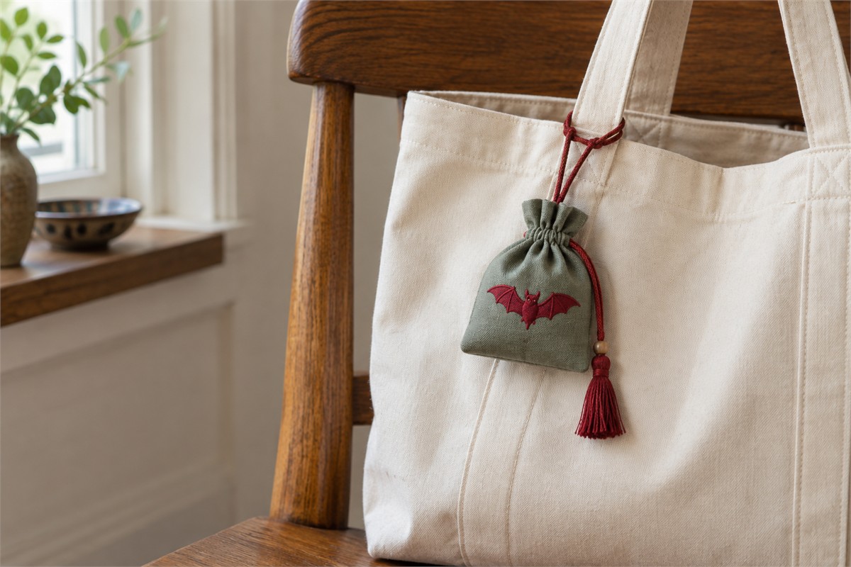 Small green bat sachet attached by a short tied loop to a canvas bag handle.