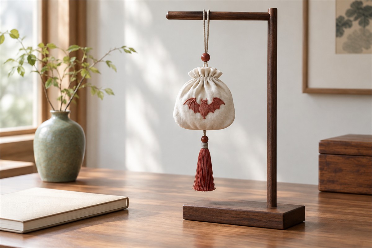 Ivory bat sachet hanging from a small wooden stand beside a closed notebook.