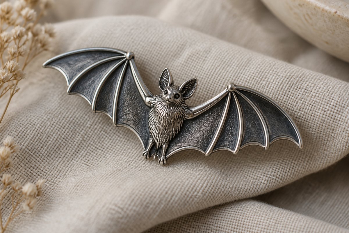 Silver-gray bat brooch with bright raised ribs and dark recessed wings on oatmeal cloth