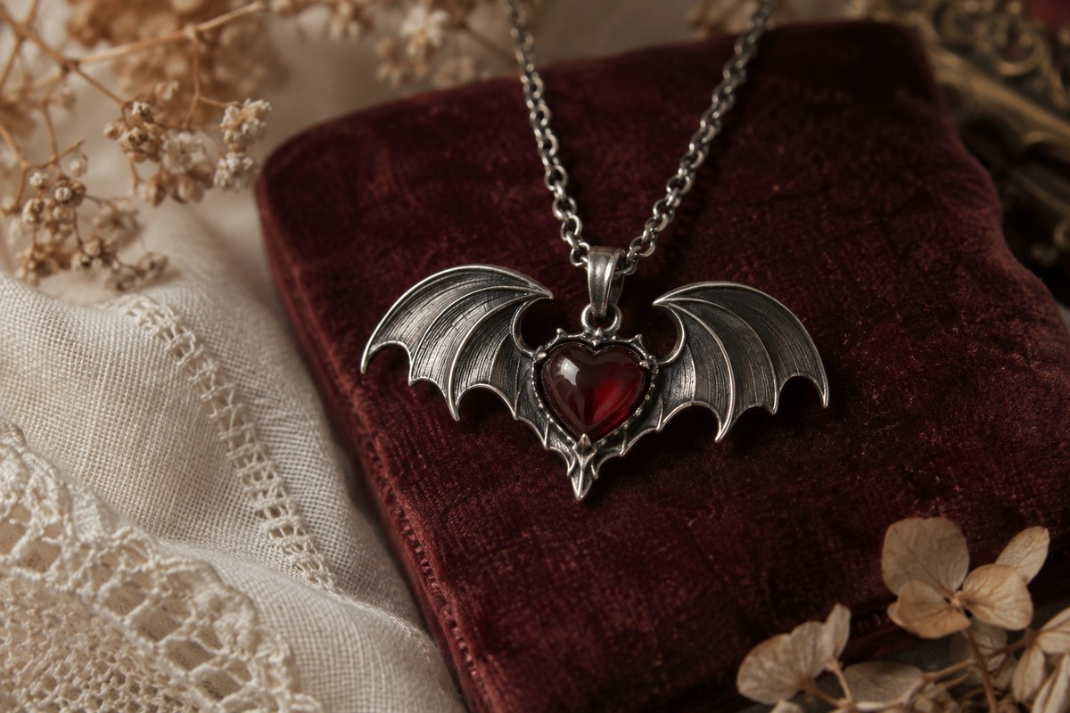 Deep red heart-shaped center framed by dark metallic wings on burgundy velvet