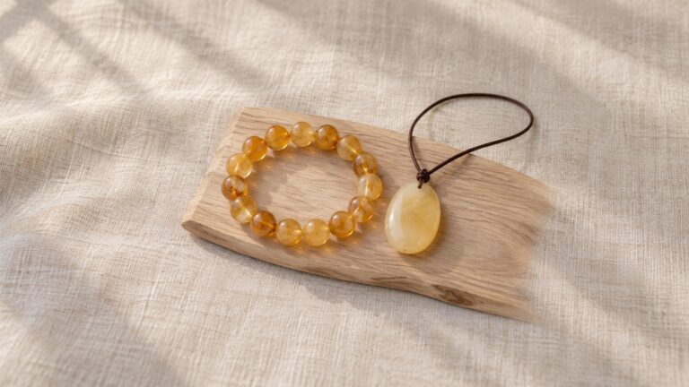 Cream and honey amber pendant and bracelet in soft natural light
