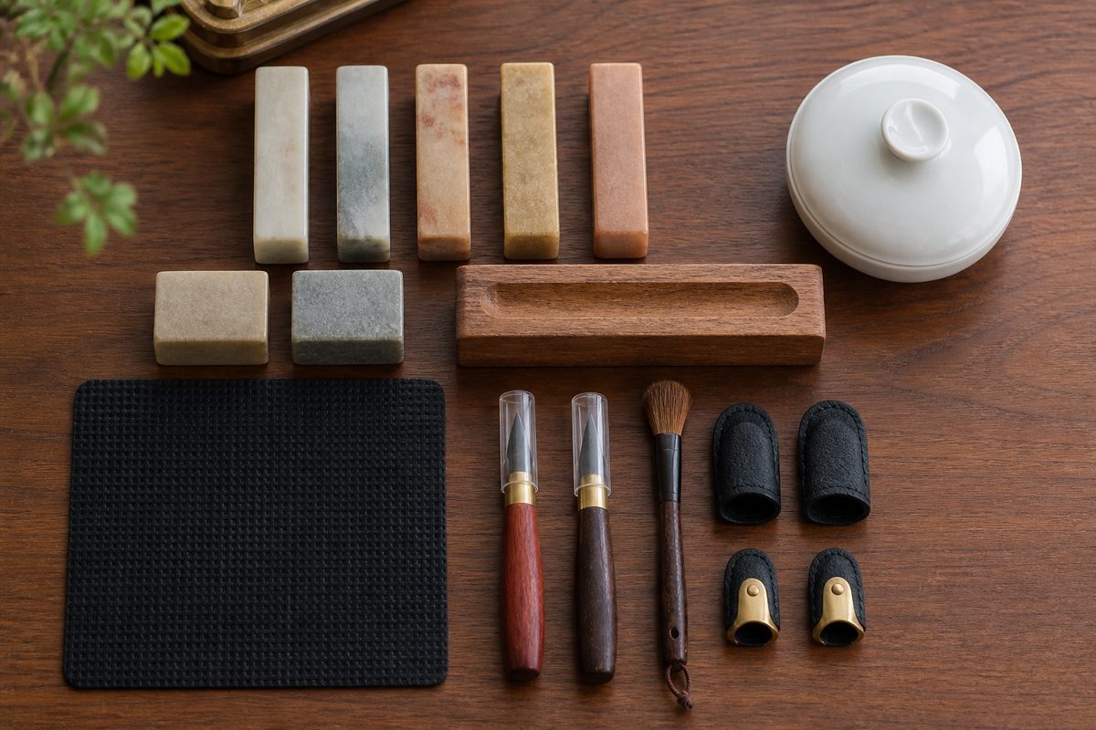 Beginner seal-carving tools arranged safely