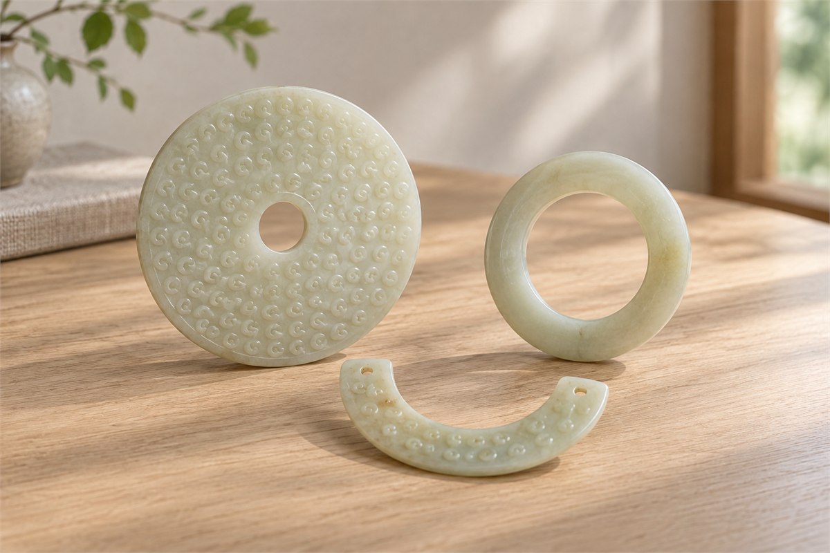 A broad jade disc, an open jade ring, and a curved jade pendant rest on a pale wooden surface.