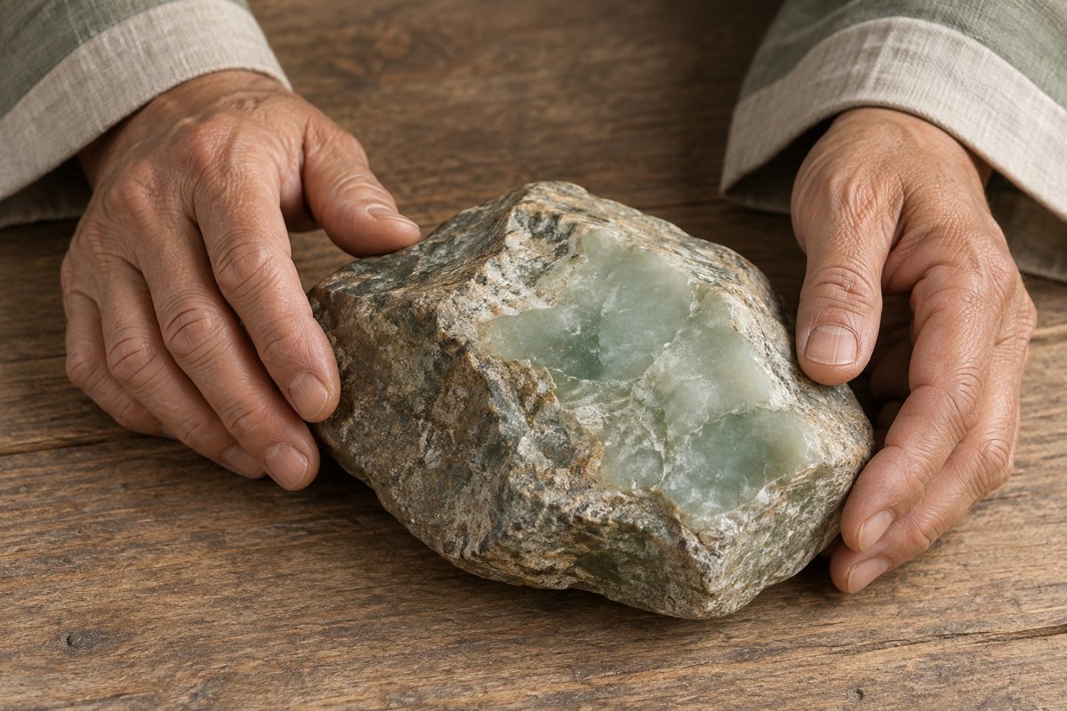A rough stone with a small polished green surface rests beside a craftsperson’s hands.