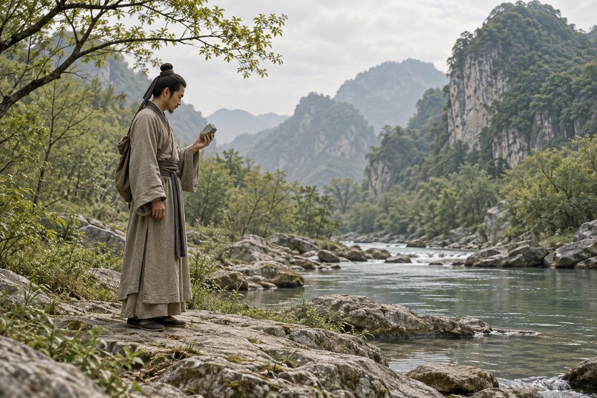 A lone robed figure studies a rough stone beside a quiet wooded mountain stream.