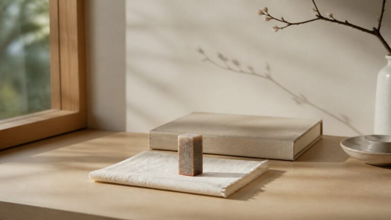 Small stone seal on folded ivory cloth in front of a closed linen-bound journal near a window.