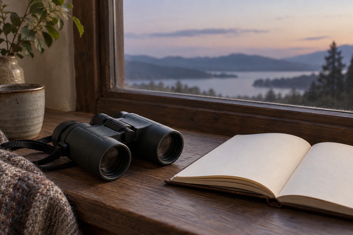 Compact binoculars rest beside an open unlettered notebook near a window.