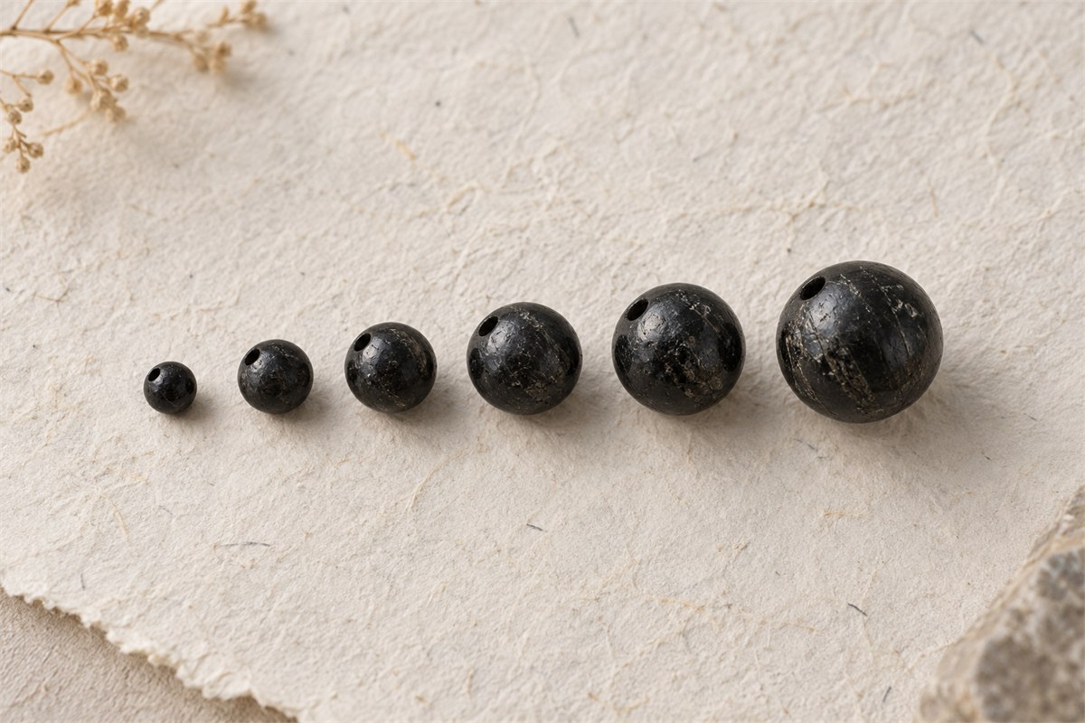 Opaque black tourmaline beads arranged in a progression of small to large diameters.