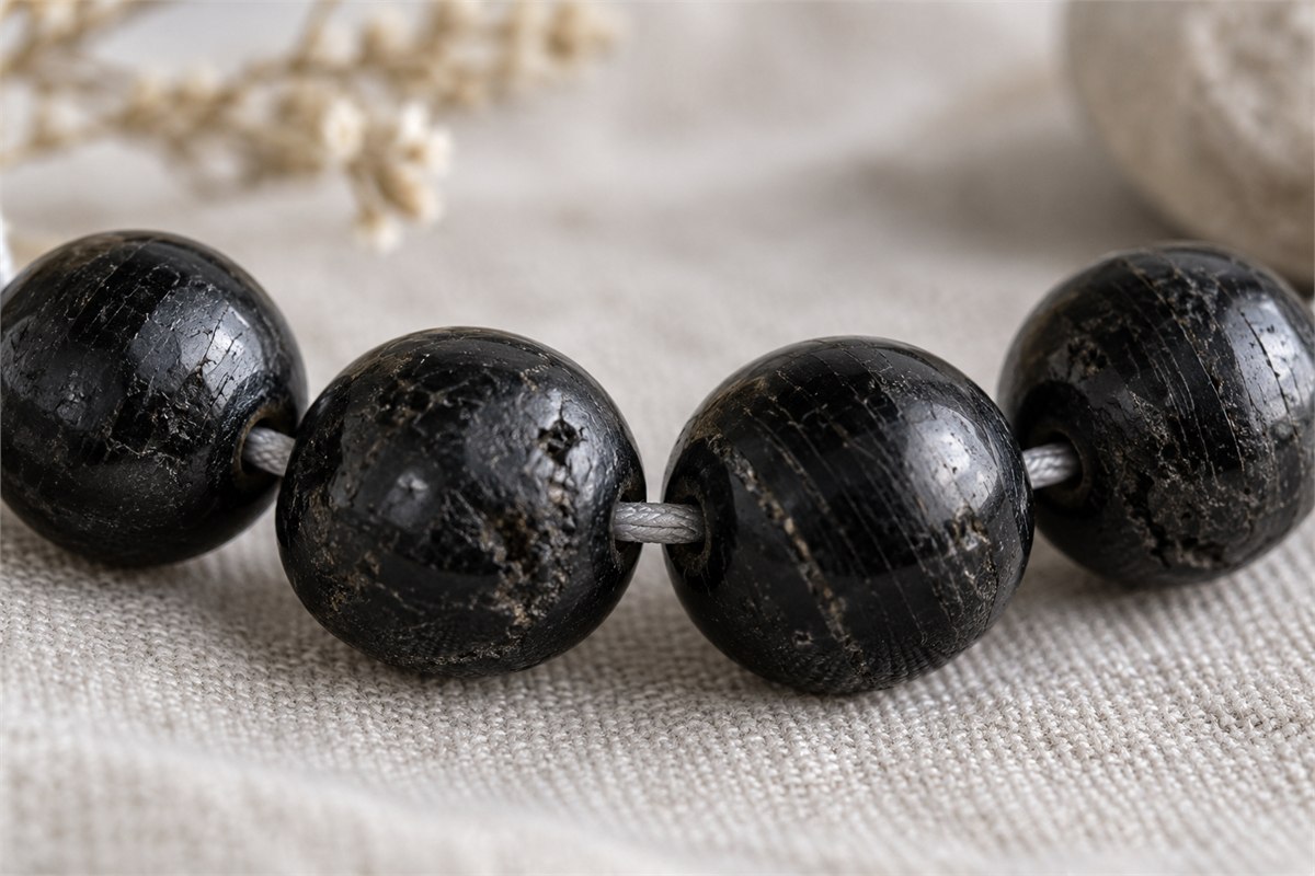 A close view of connected black tourmaline beads and the cord at their drilled holes.
