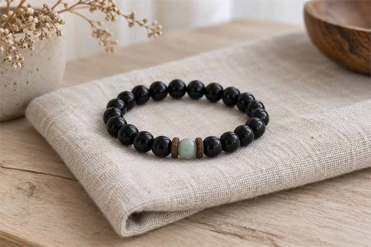 A black tourmaline strand with thin brown coconut-shell spacers and one pale green jade accent.