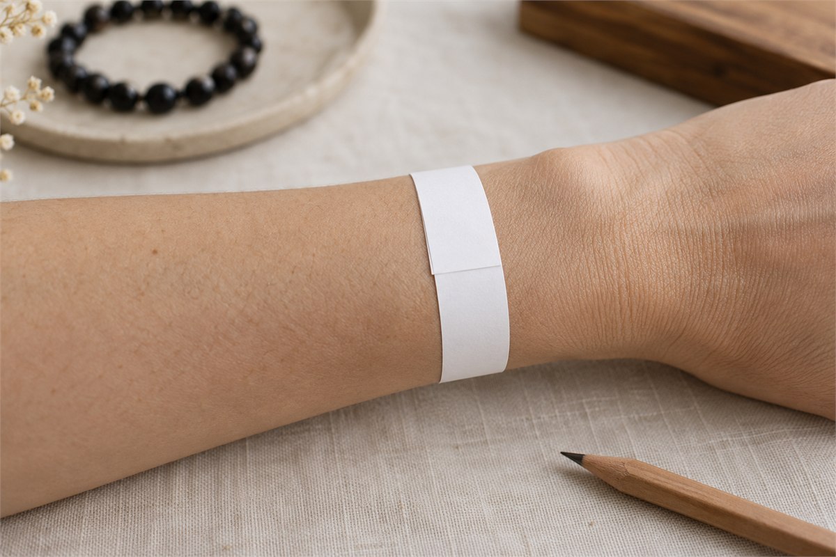 A narrow blank paper strip wrapped around a wrist with the ends overlapping.