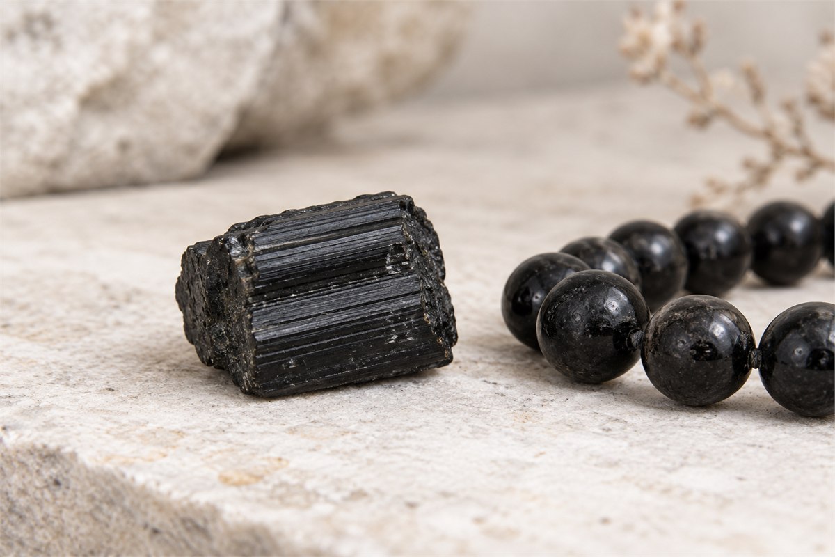 Opaque black tourmaline beads beside a small striated schorl crystal.