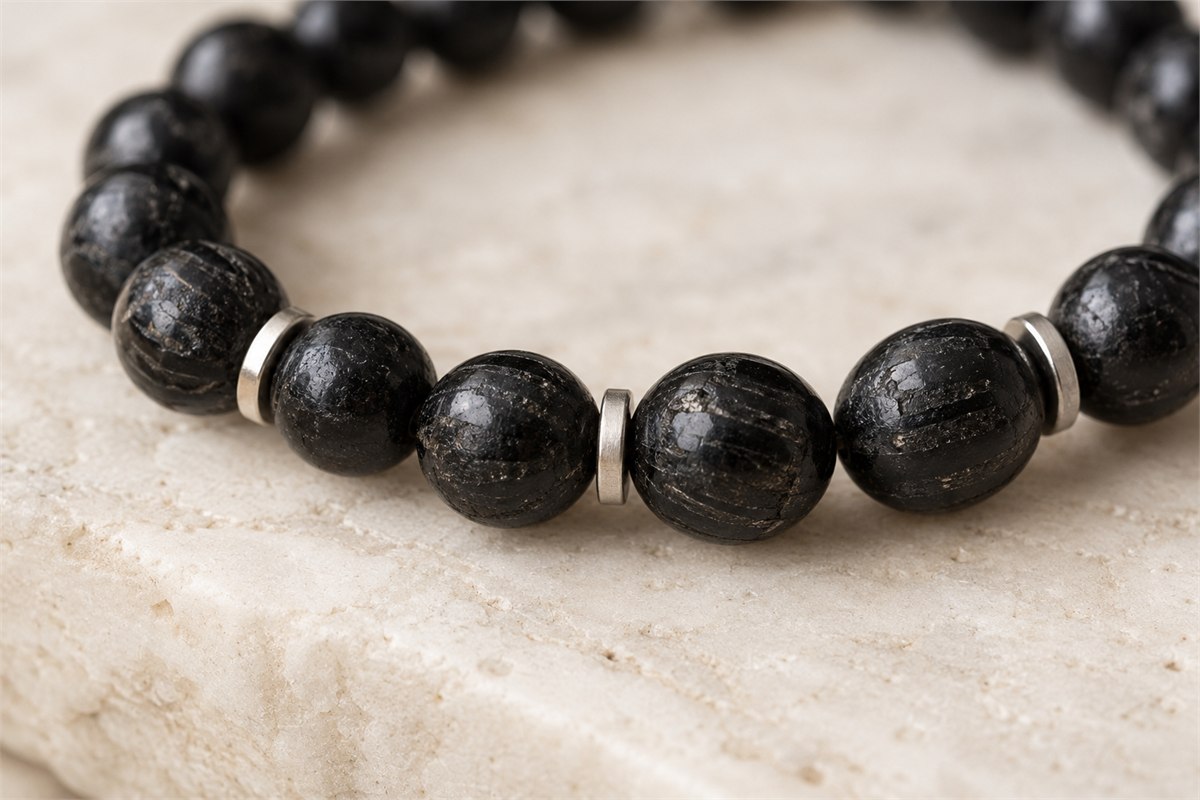 Small matte silver spacers between opaque black tourmaline beads.