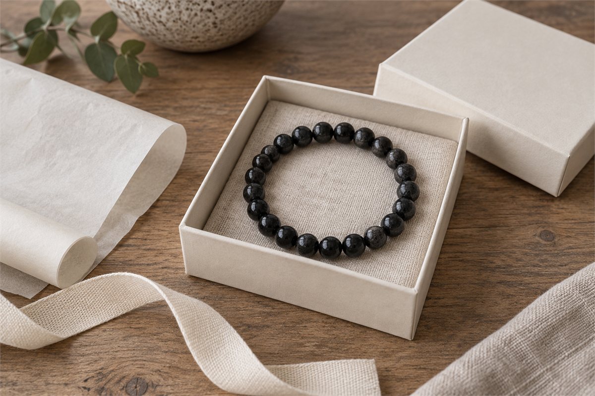 A black tourmaline bracelet in an open plain ivory gift box beside unprinted wrapping paper.
