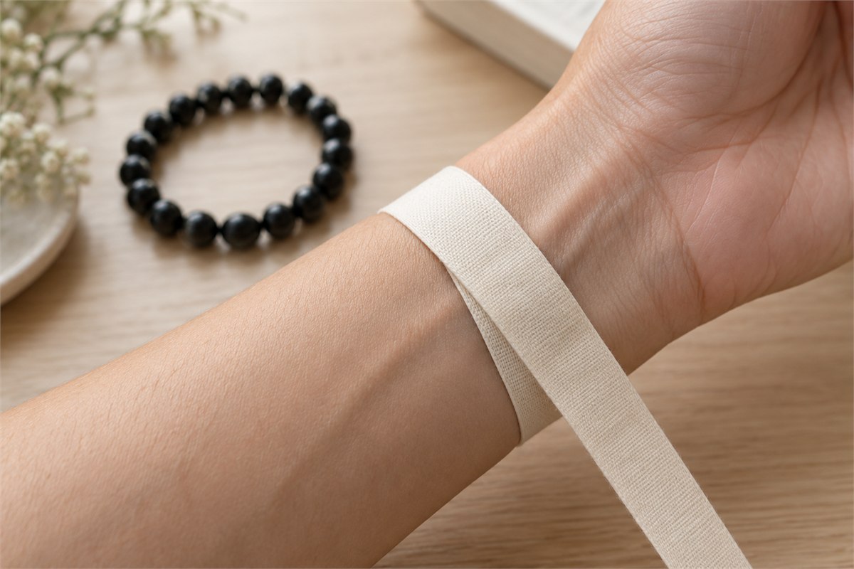 An unmarked flexible tape wrapped snugly around a bare wrist.