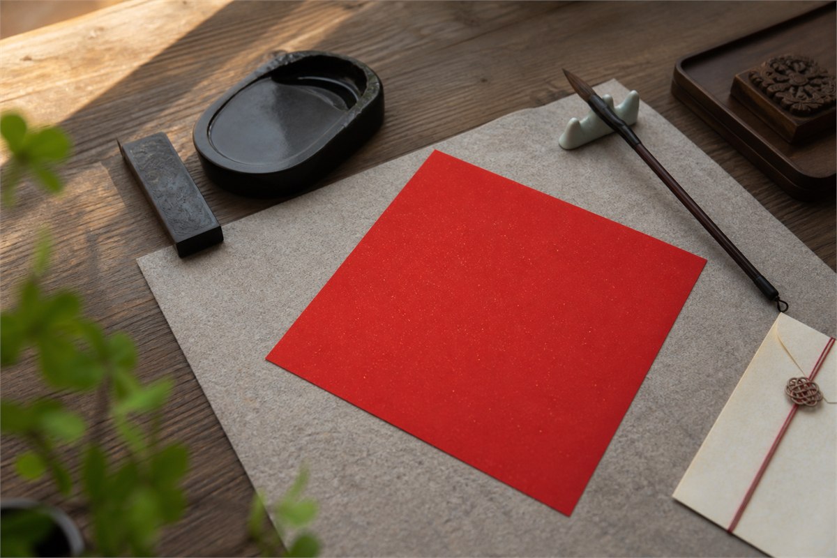 A blank red square of calligraphy paper lies beside an inkstone and brush.
