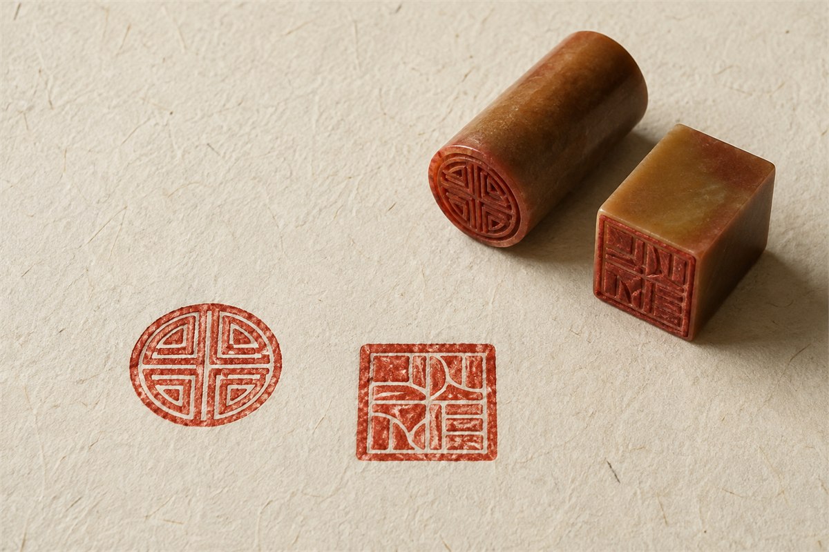Two leisure seals with coordinated abstract impressions on handmade paper