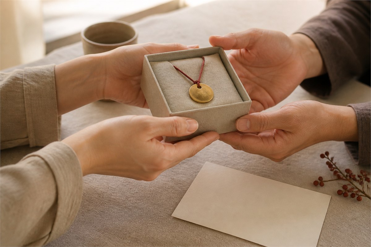 Two adults exchange a linen box holding a simple gold pendant on a red cord.