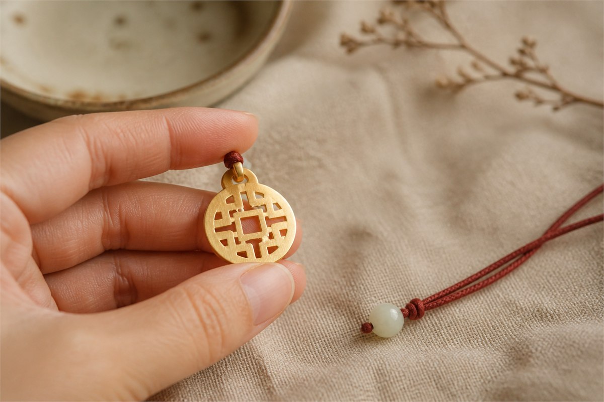 A hand holds a small brushed-gold circular pendant on a muted red cord.
