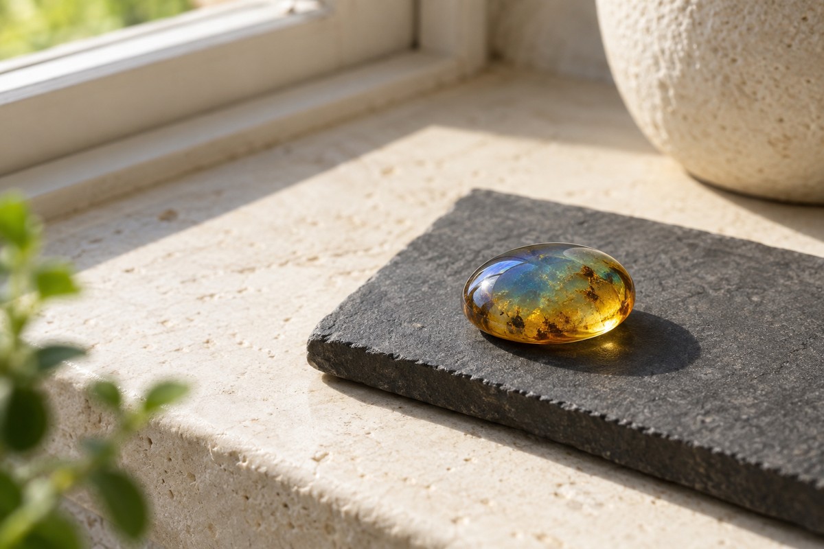 Oval amber cabochon with a blue surface sheen and golden edge on charcoal stone.